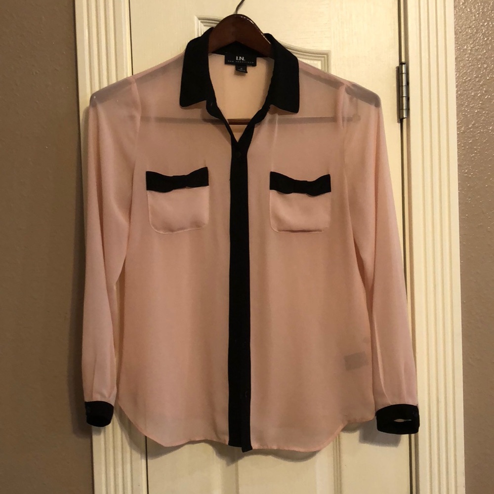 Light pink and black shear button up blouse